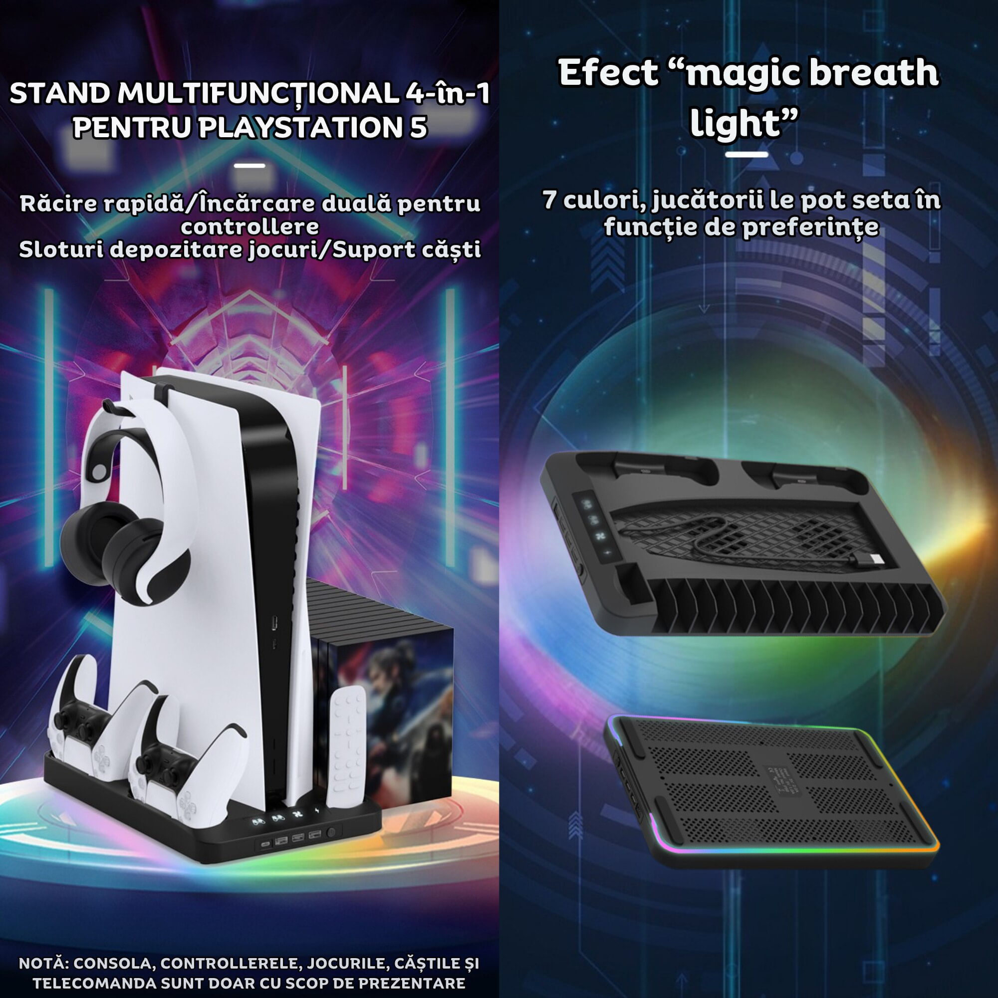 Stand PS5 si PS5 Slim cu incarcare duala controllere, iluminare RGB, suport casti, organizator DVD-uri, USB HUB, Clickzu - imagine 7